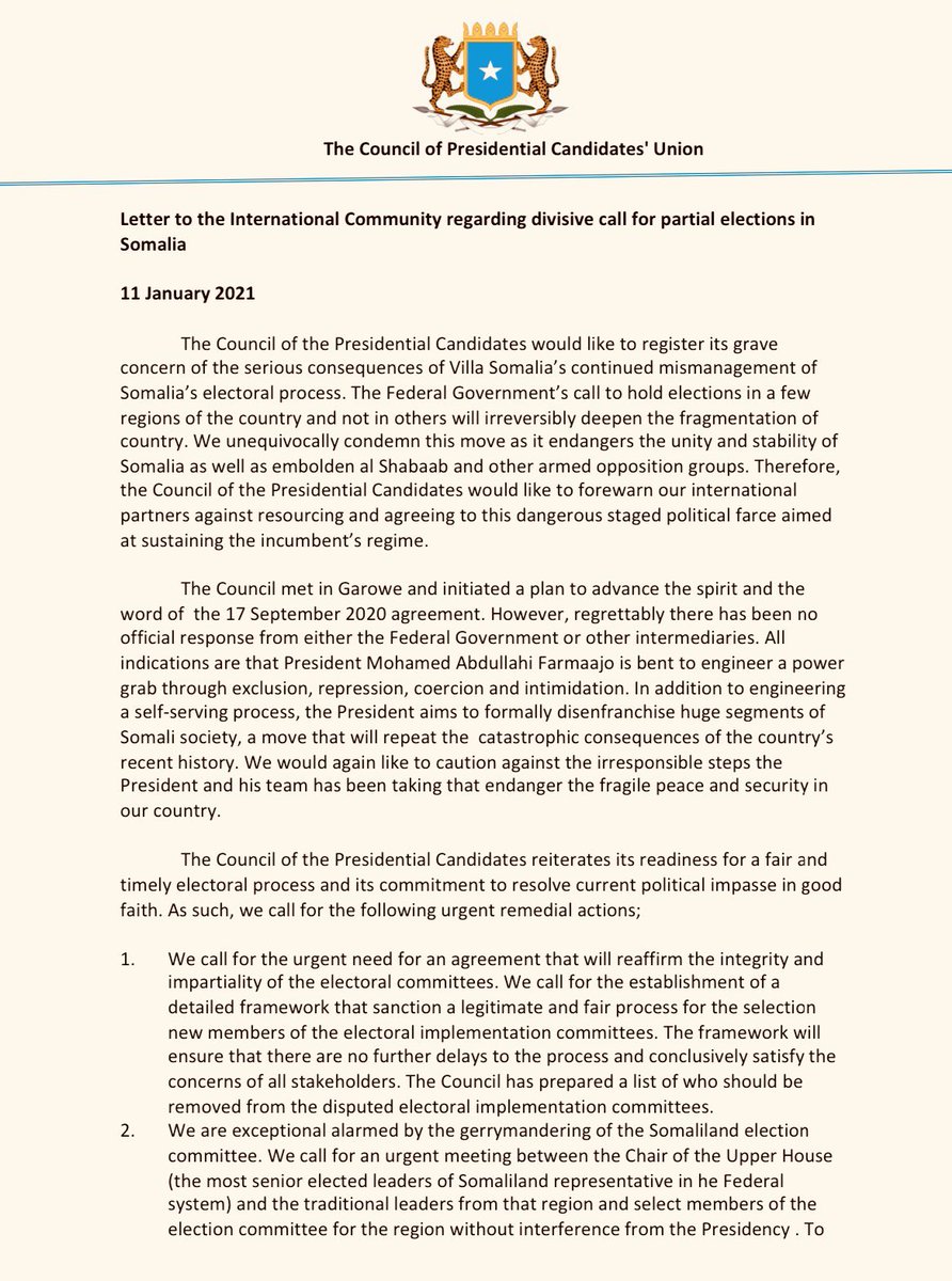 HargeysaTimes's tweet photo. Breaking, Somalia ; Somalia opposition candidates send a letter to Int'l partners regarding Govt decision for partial election that some of Federal member states refused to participate and presidential candidate refused to give consent. https://t.co/M3hTU3p3eT