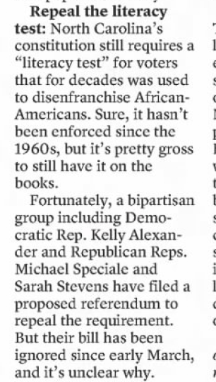 I'm far from the 1st person to call for the elimination of the literacy test. For ex.  @RaleighReporter called it "pretty gross to still have it on the books"