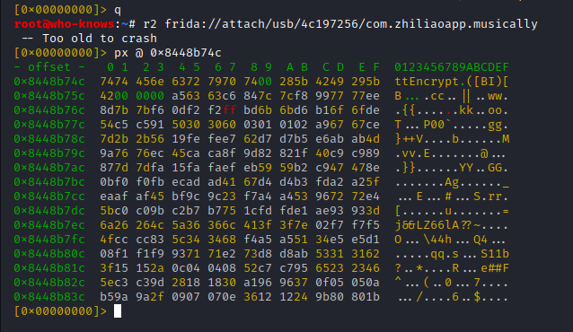 I solved this issue like this:1) Quit r22) Open r2 with r2frida, again, but this time **attach** to the already running processet voila ... the memory offset is mapped and dumpable with 'px' (without backslash prefix)