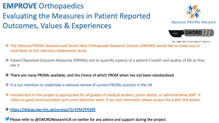 Exciting opportunity to be involved in a national trainee-led audit! The <a href="/NetworkProms/">National PROMs Network</a> and ourselves invite you to participate in the EMPROVE orthopaedics study! Please follow the link to register: redcap.exe.nhs.uk/surveys/?s=YFA…