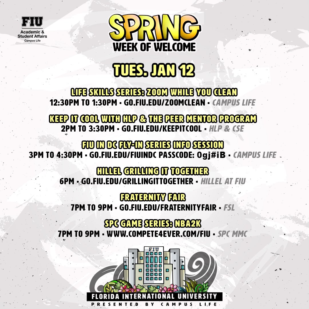 FIUCLS's tweet photo. Happy first week of Spring 2021! Welcome back, Panthers 🐾 We’re so excited to kick-off this semester with our Week of Welcome 🎉 Open the thread to see all of the awesome events in store for this week. #PawsUp #FIU #Spring2021 https://t.co/dXuCpAz9w9