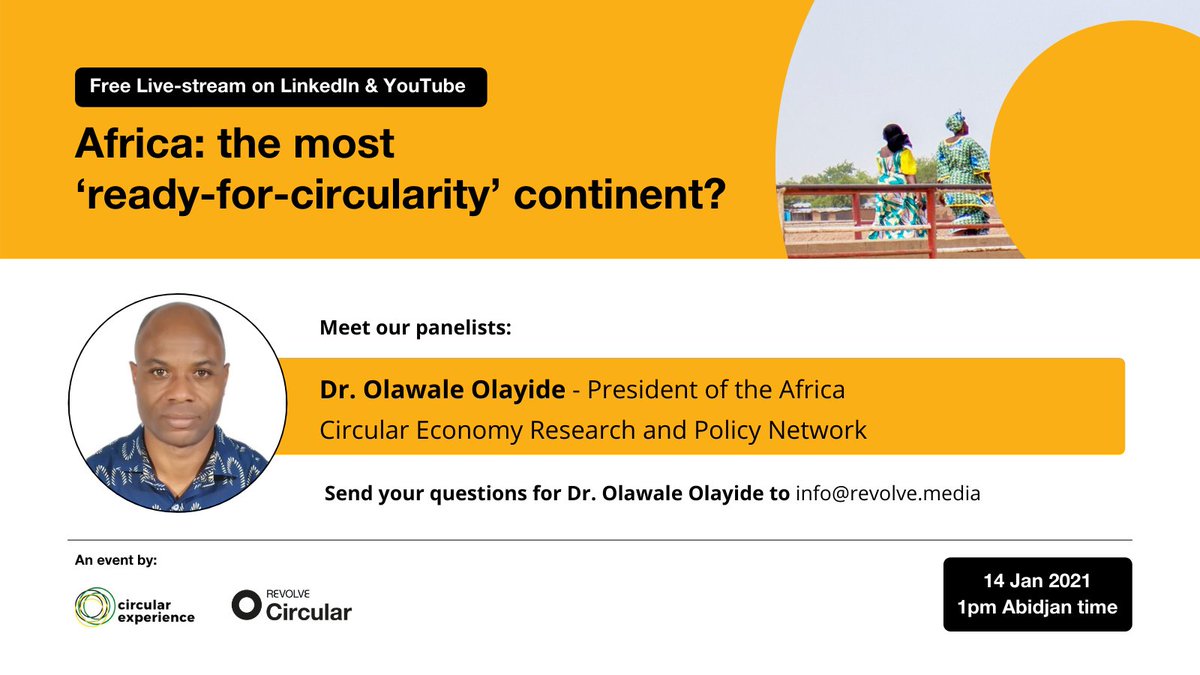 RevolveMediaCo's tweet photo. The second panelist of the #Africa4Circularity event, is Dr @OlawaleOlayide from @ACERPiN_ 

❓ Send your questions to info@revolve.media 

👉 Access the event: https://t.co/wG5jCtQ9FL

📅 14/01 at 2:00PM

 #CircularCities #AfricaCircular #Sustainability #CircularEconomy #Africa https://t.co/zKXpgchgf0