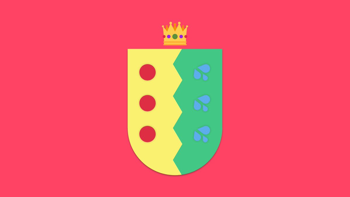 EmojiHeraldry's tweet photo. Per pale indented Or and vert, in sinister three torteaus, in dexter three trios of drops falling bendwise azure https://t.co/iXmbo6MczD