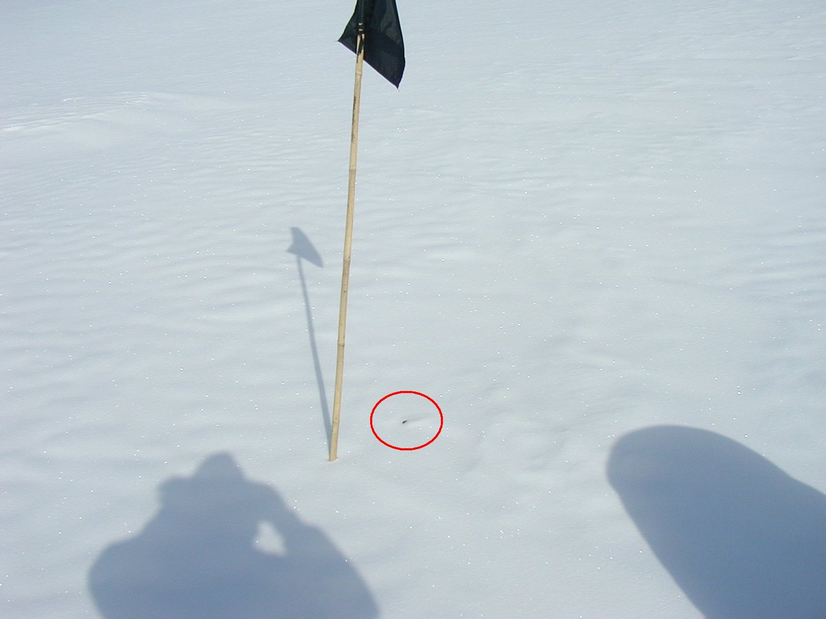 January 12, 2001 Sometimes a keen eye can spot a meteorite almost fully buried in snow, like this one  #ANSMET2000