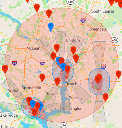 First, for reference, here is the formidable geofencing in place around Washington, D.C. Areas marked in red are "Restricted Zones," while areas marked in blue are "Authorization Zones" which can be "unlocked by authorized users using a DJI verified account."