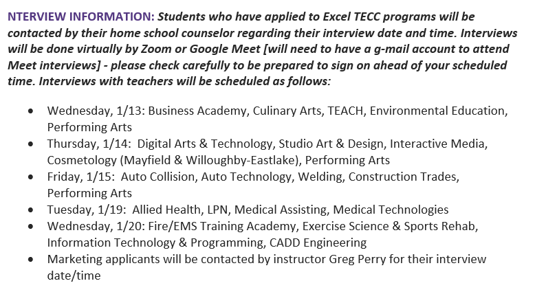 🗣️🗣️🗣️SOPHOMORES!!!  We are one day away from the start of interviews.  Please see below for a schedule.  If you haven't heard from your counselor, please reach out to them!  Make the right choice for you future, choose Excel TECC!