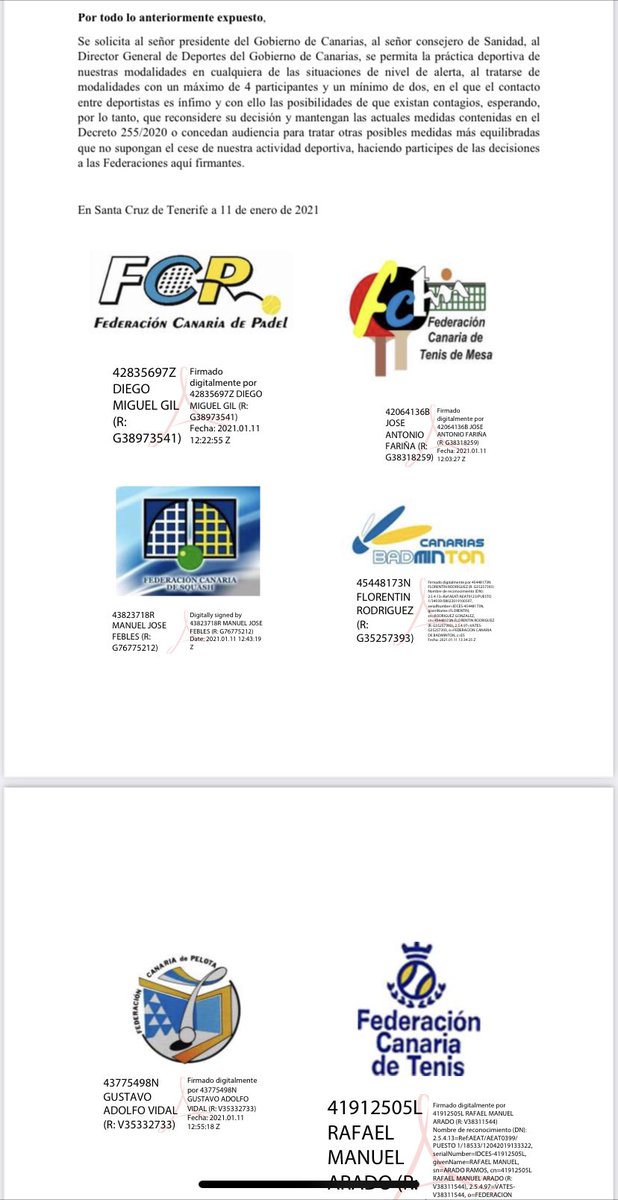 Comunicado conjunto de las Federaciones de Raqueta De Canarias, donde se defiende la práctica de nuestro deporte