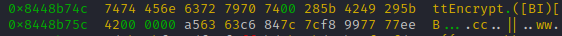 Having a closer look at the first hit of out string search for 'ttEncrypt', we notice that it is directly followed by a C-string with our method signature.So chances are high, that this data is part of the structure which gets handed in to 'registerNatives'