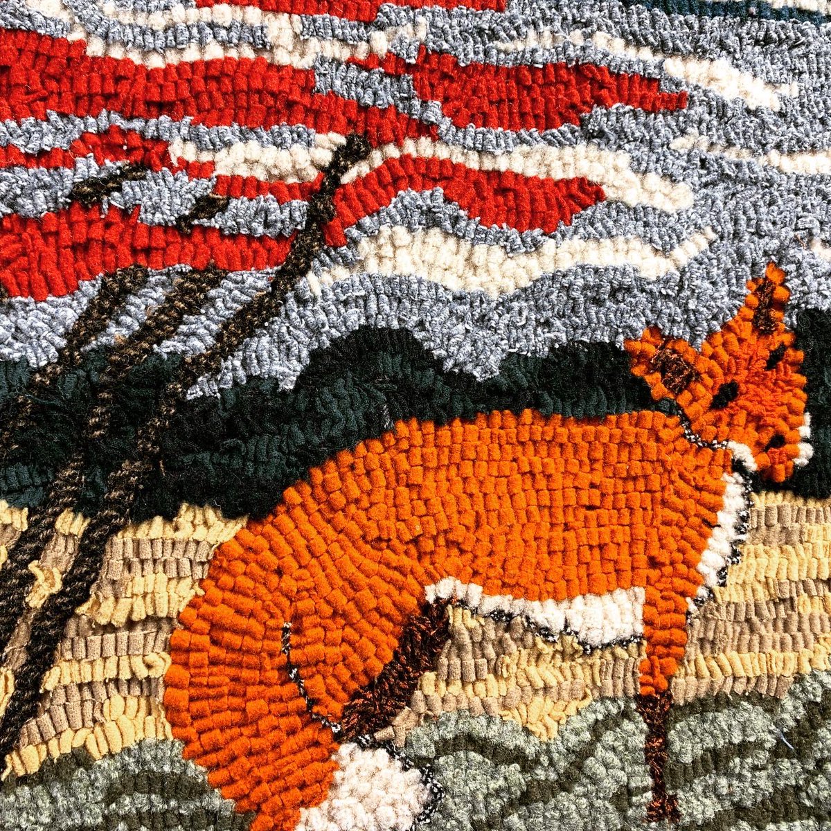 OTHartgallery's tweet photo. Barbara Hourigan’s glorious hooked works are now half sold out. Inspired by nature, and created with natural materials: wool, and linen. Contact us to purchase CANADA GEESE, 19”x16” or FOX AND SUMAC, 20”x15”. $200 each. #localartist @WaterfordOTH https://t.co/eXjwiwhNwL