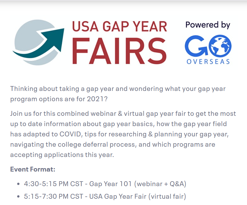 The Virtual USA GAP Year Fair is Thursday, February 4th from 4:30pm to 7pm. This is a great event for any student interested in taking a Gap Year after graduating from LFHS. To register...
gooverseas.com/gap-year/usa-f…