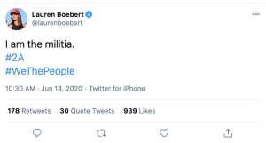 "She often tweeted extreme statements such as, “I am the militia.” She cozied up to militia groups & the Proud Boys... gripping tightly to baseless claims of election fraud. worried...[a] miniature President Trump in spiked heels — & this one insisted on carrying a loaded gun."