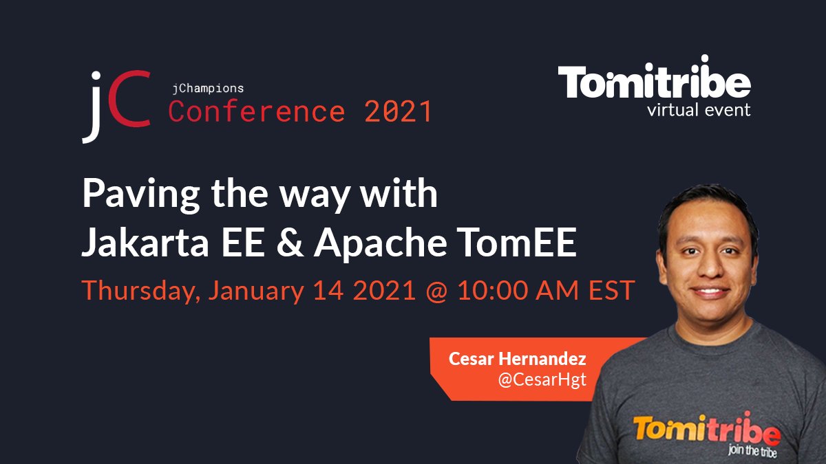 tomitribe's tweet image. Join @CesarHgt at @JChampionsConf on Jan 14 at 10 am EST to catch up on how you can pave the way with Jakarta EE and TomEE in the #JavaEnterprise ecosystem. Free Registration👉 bit.ly/3brFAMD 

#TomEE #OpenSource @ApacheTomEE @JakartaEE @java_champions