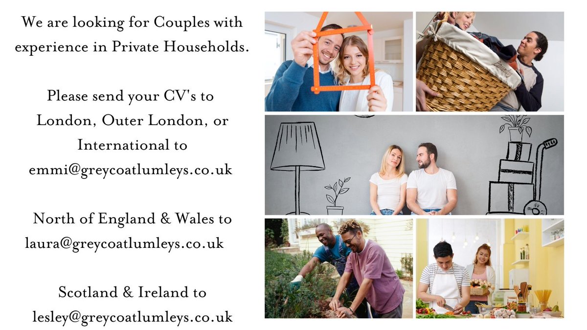 We are looking for couples with Private Household experience. Please get in contact with our team emails below

To see all of our couples jobs click here ow.ly/QQQd50D5nAj

#couples #couplejobs #jobalert #coupleagency