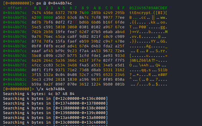 So the next step would be to search the process memory space for cross references to the address of this method name string (0x8448b74c). As I haven't applied any auto analysis, I use a simple hex search for this (in my case the byte order of the address has to be reversed ...