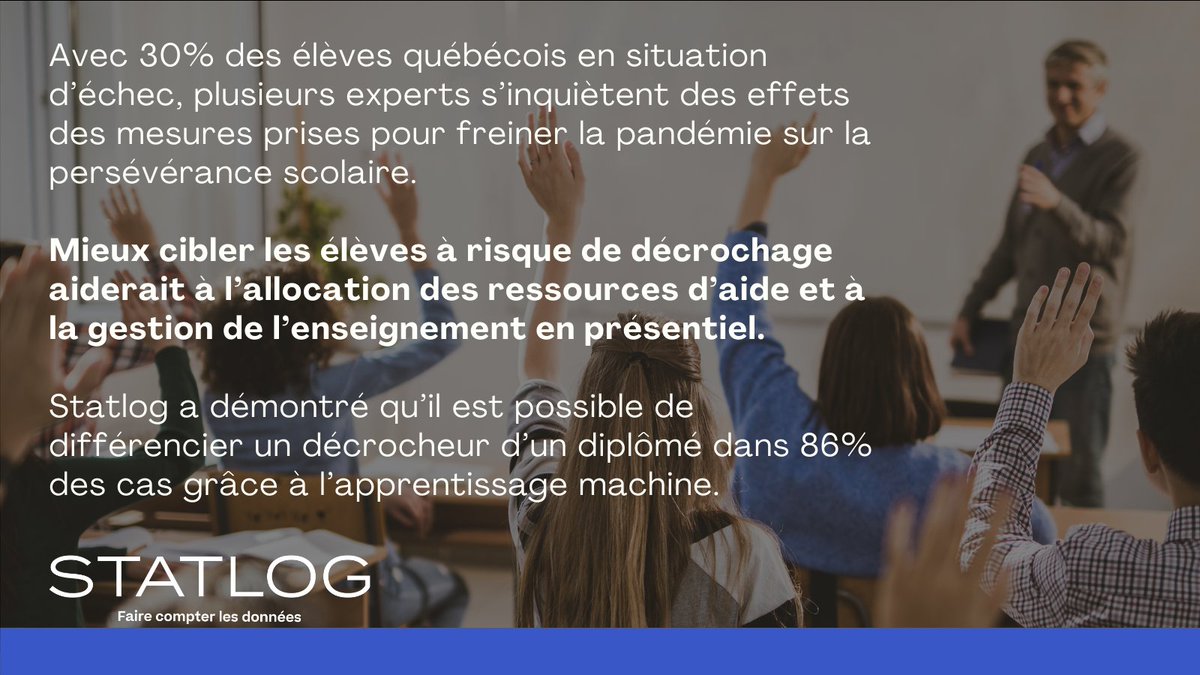 StatLogInc's tweet photo. Mieux cibler les élèves à risque de décrochage pour une meilleure allocation des ressources. 
Pour plus d'infos: https://t.co/OoXsrUQT6T
#COVID19 #décrochagescolaire #dropout #persévérancescolaire #école #économétrie #econometrics #machinelearning #AI #données #Data #datascience https://t.co/BpUQ2RXluL