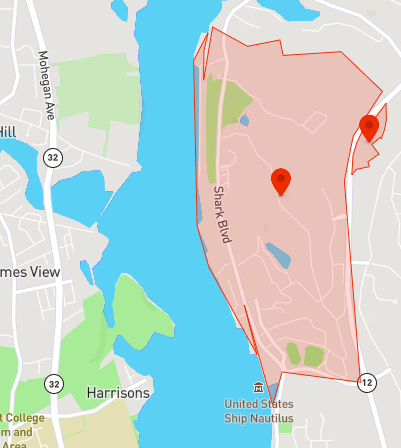 U.S. submarine bases are also fully geofenced. Here we have New London and King's Bay (note the extended coverage area).
