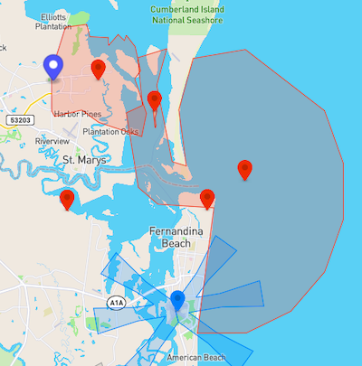U.S. submarine bases are also fully geofenced. Here we have New London and King's Bay (note the extended coverage area).