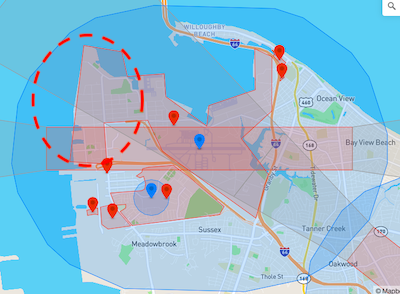 Here we have two major U.S. naval facilities - Naval Station Norfolk, home to the Atlantic Fleet, and Naval Station San Diego, home to the Pacific Fleet. As you can see, they are fully geofenced as Restricted Zones.