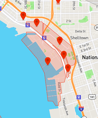 Here we have two major U.S. naval facilities - Naval Station Norfolk, home to the Atlantic Fleet, and Naval Station San Diego, home to the Pacific Fleet. As you can see, they are fully geofenced as Restricted Zones.