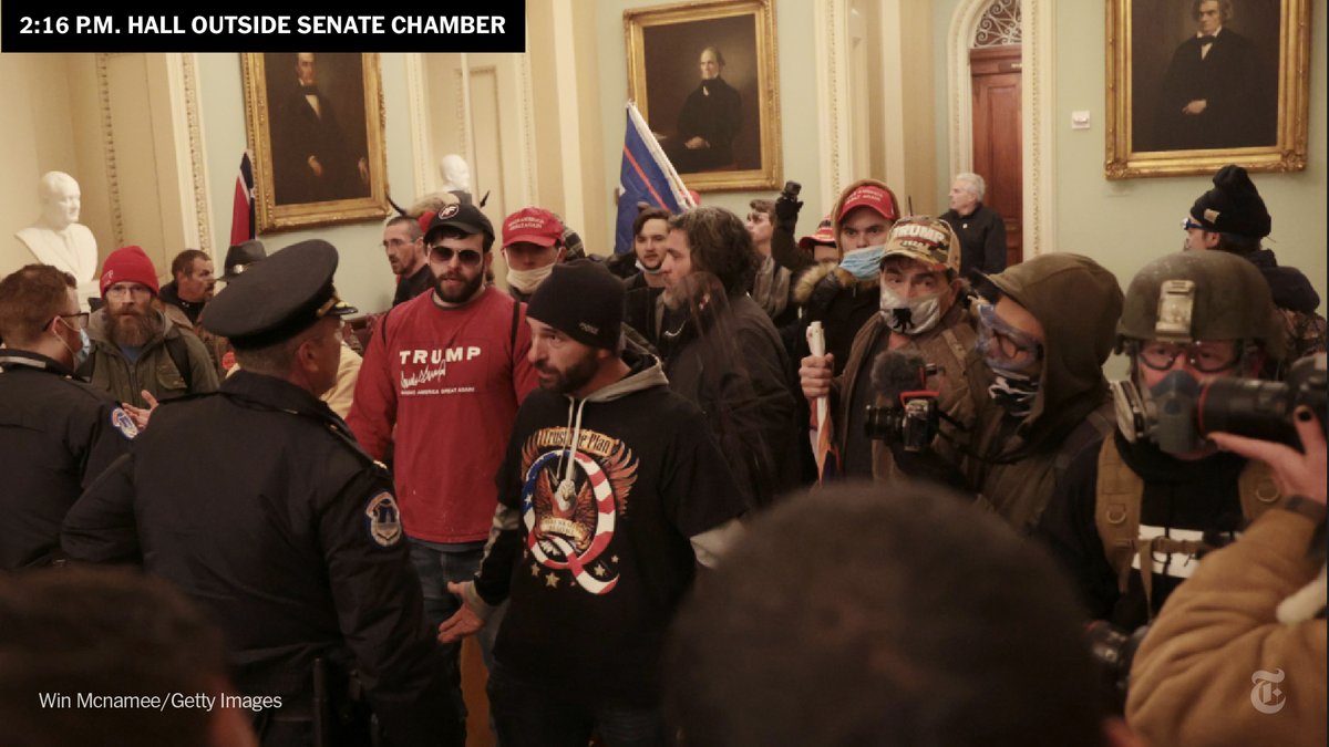From 2:11 p.m. - 2:16 p.m.— Rioters break into the Capitol.— As the mob nears the Senate, it is called into recess.— Rioters face off with police just feet from the entrance to the Senate chamber. Senators are still milling about inside.
