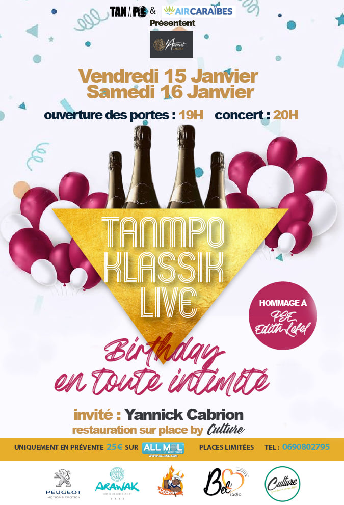 BelRadioFWI's tweet photo. Le groupe Tanmpo Klassik Live fête ses 4 ans en musique à l'Appart, à Jarry
Gagnez votre pass pour souhaiter un joyeux anniversaire au groupe, les 15 et 16 janvier 2021
▶️ Envoyez BEL au 97777 puis répondez TANMPO
(3 x 0.75 cts d'euros + coût du sms) https://t.co/0zhfAsuCmF