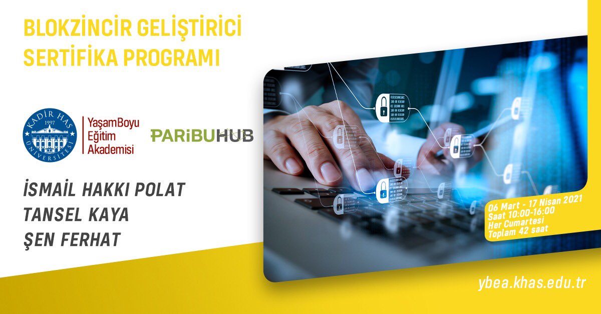  #Bitcoin   ile ortaya çıkan ama kullanımı giderek finans ötesi sektörlere de taşmaya başlayan  #Blokzincir uygulamalarına yönelik kariyer fırsatı arayanlar!  @KhasYasam ve  #ParibuHub işbirliğiyle yepyeni bir  #BlokzincirGeliştirici Eğitimi'ne başlıyoruz. Bilgi:  https://ybea.khas.edu.tr/programs/blokzincir-gelistirici-sertifika-programi-108