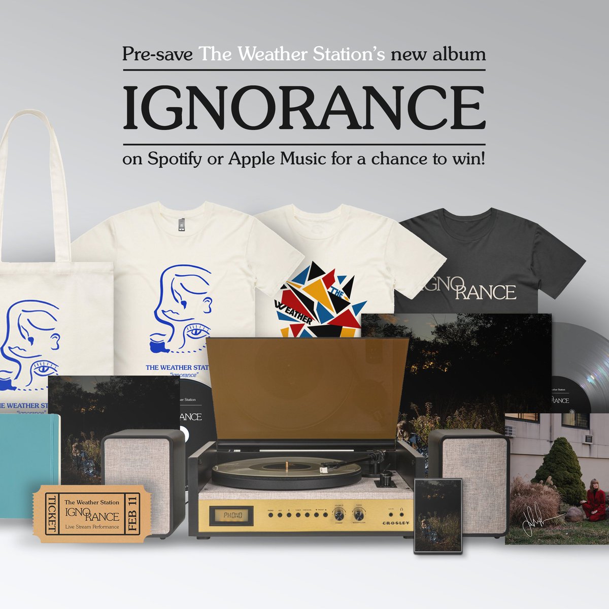 TheWeatherStn's tweet image. Pre-save the new album 'Ignorance' on @spotify or @applemusic for a chance to win the following prizes, including a @crosleyradio turntable!