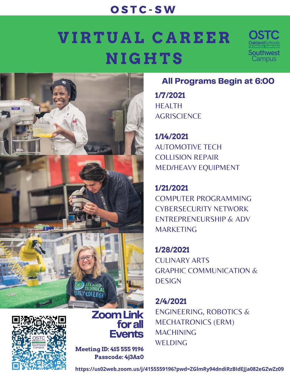 OaklandSchools's tweet photo. Mark your calendars to attend one of our virtual Career Nights to learn more about what doors an #OSTC education can open.
#OSEveryStudentEveryDay #virtualcareernight https://t.co/iKG8nodXYh