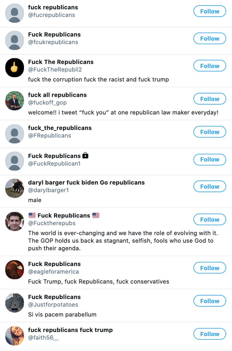 10/ Twitter and by affiliation Apple, Google, and Amazon host thousands of accounts that openly profess their hatred of half of America because of their membership in a political party. Again, their  #incitement is supported by  #BigTech.