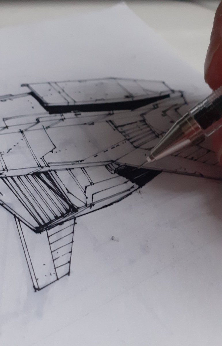 MarkBDesign's tweet photo. An angular ship. Maybe something Jawas would fly in... #MarkBdesign #conceptdesign #conceptart #StayHomeAndDrawSpaceships #scifi #marker #pens #traditionalart #spaceship #vehicledesign #jawa #skycrawler https://t.co/id4n5vjf6H