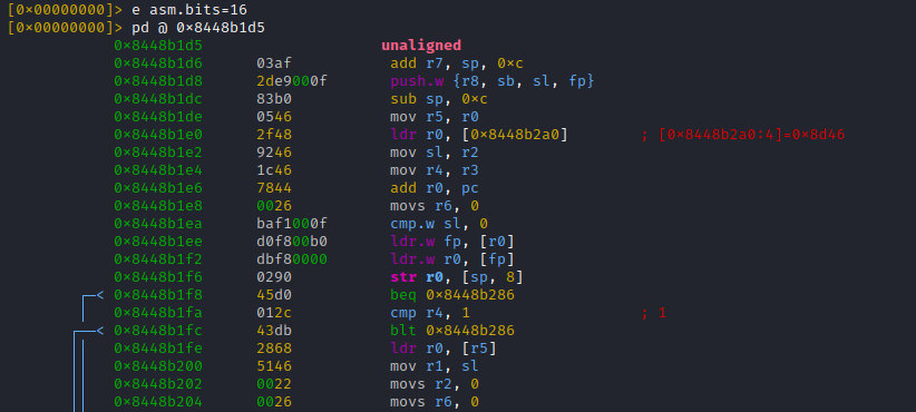 ... this is because instructions are interpreted in ARM mode (32bit).Lets fix this: