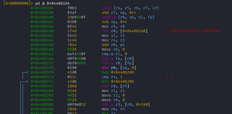 ... looks much better, still the first instruction is off-by-one No seriously, as explained, on arm32 we have to disassemble at [THUMB mode address - 1] = 0x8448b1d4