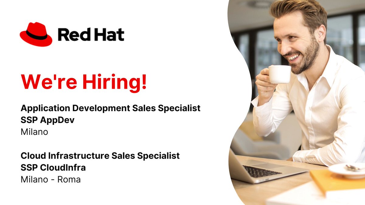 Due nuove posizioni aperte per <a href="/RedHatItaly/">Red Hat Italy</a>:
▸ Application Development Sales Specialist - SSP AppDev, sede #Milano ▸ bit.ly/38D2zmd
▸ Cloud Infrastructure Sales Specialist - SSP CloudInfra, sede Milano/#Roma ▸ bit.ly/38zkB90
#redhatters #redhat #hiring #jobs