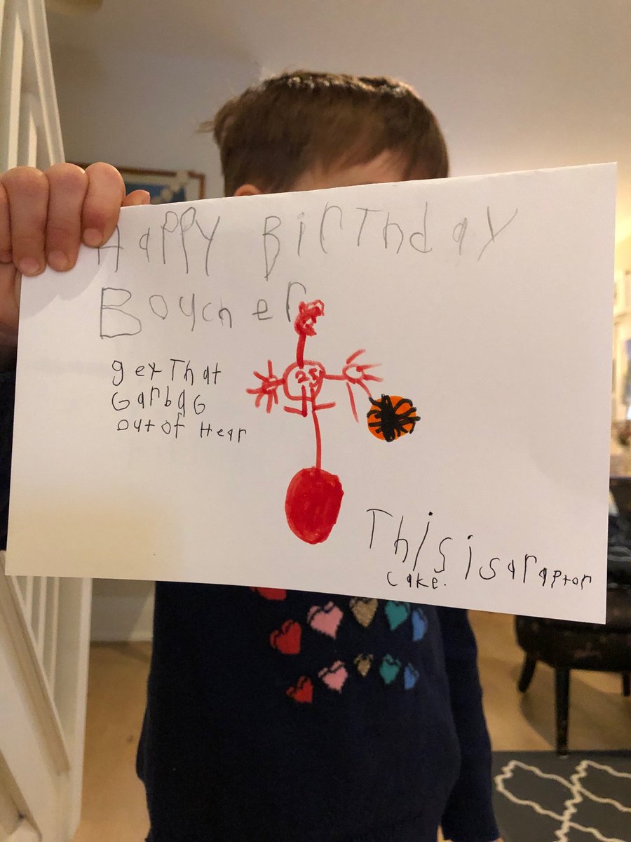lindsayzv's tweet photo. It's a day late, but for his kindergarten assignment this morning, my 5-year-old wrote a birthday card to @chrisboucher. The front is the greatest, with the quote from @HelloooJack! #GetThatGarbageOutOfHere #WeTheNorth https://t.co/3U11GL5V2Y