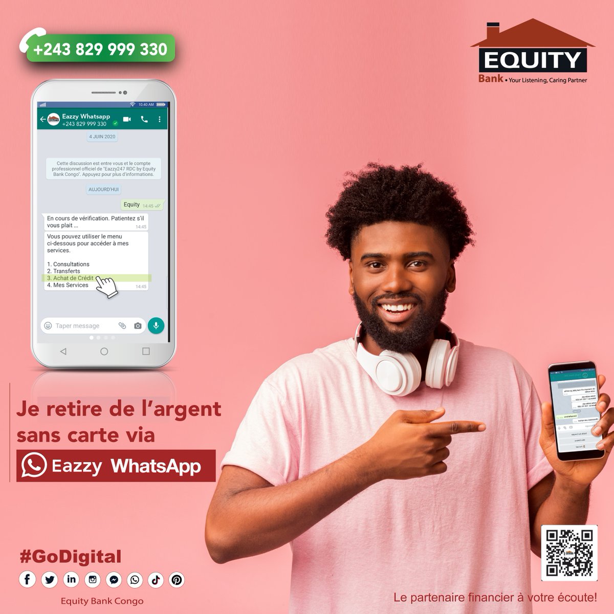 EquityBCDC's tweet photo. Retire ton argent dans un distributeur #Equity sans ta carte, simplement à l'aide d'un code généré via #EazzyWhatsApp.

#GoDigital #Ebcdc #Rdc #DigitalBanking #Banquedigitale  #Eazzywallet https://t.co/ZyUchSfkCy