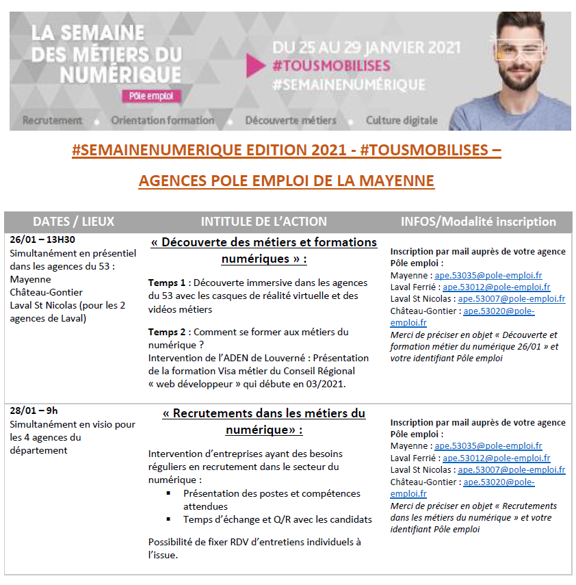 BarousseDamien's tweet photo. #OnEstLàPourVous en 2021 également ! De nombreuses actions #TousMobilisés pour faciliter la rencontre candidats/recruteurs, valoriser les secteurs porteurs et promouvoir l'offre de formation seront proposés chaque mois #AvecPôleEmploi 
👉 Découvrez le programme pour janvier 2021 https://t.co/SfdShHfbRo
