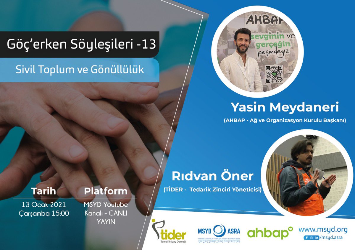 YSYD (@ysydorg) on Twitter photo Yarın 15:00'da Göç'erken Söyleşilerinin 13. Bölümünde "Sivil Toplum ve Gönüllülük" konusu ile AHBAP <a href="/ahbapplatformu/">Ahbap Platformu</a> Ağ ve Organizasyon Kurulu Başkanı Yasin Meydaneri ve TİDER <a href="/Tidersosyal/">Temel İhtiyaç Derneği TİDER</a> Tedarik Zinciri Yöneticisi Rıdvan Öner konuğumuz olacak. Yayınımıza herkes davetlidir. Yarın 15:00'da Göç'erken Söyleşilerinin 13. Bölümünde "Sivil Toplum ve Gönüllülük" konusu ile AHBAP <a href="/ahbapplatformu/">Ahbap Platformu</a> Ağ ve Organizasyon Kurulu Başkanı Yasin Meydaneri ve TİDER <a href="/Tidersosyal/">Temel İhtiyaç Derneği TİDER</a> Tedarik Zinciri Yöneticisi Rıdvan Öner konuğumuz olacak. Yayınımıza herkes davetlidir.