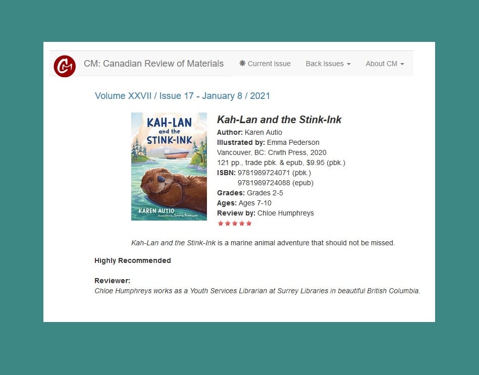 crwthpress's tweet photo. This reviewer says "Kah-Lan and the Stink-Ink is a marine animal adventure that should not be missed." And she gave the book five stars.  Contrats to Karen Autio &amp; Emma Peddersen.

https://t.co/O2rUyGI9mo https://t.co/JDNi9mKrIh