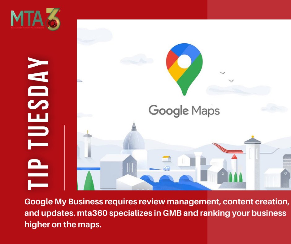 mta360_SEO's tweet photo. #TipsTuesday When it comes to Google Maps we all have one goal: to boost our ranking. Your Google My Business page plays a key role in authority on Google Maps. mta360 is a proud partner of Google and our SEO team ensures your page aligns with Google’s standards. #HVAC #mta360 https://t.co/60VkAzLO6E