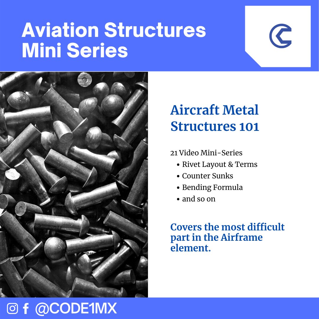 code_1_mx's tweet photo. Starting Thursday 0900 MST, aircraft metal structures section is the most challenging portion in the airframe element so we started this mini series to keep the anxiety on chill. 

Subscribe on YT channel -->>https://t.co/IReG0FvnZx
#aircraftmaintenance #sheetmetal #aviation https://t.co/2zrXG1ogDk