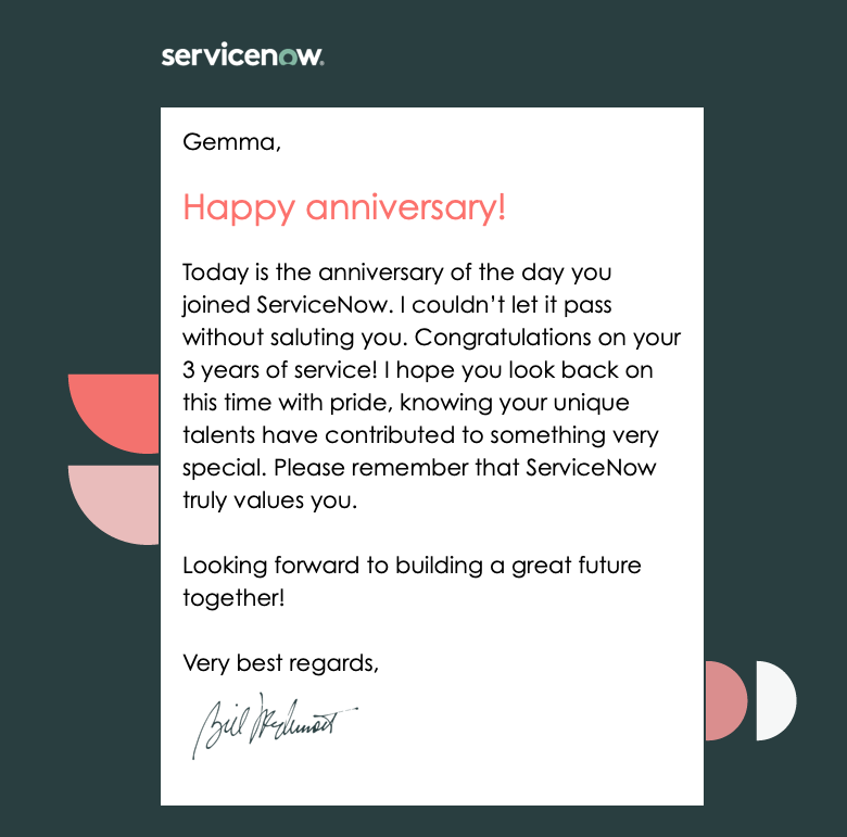 gdavies2's tweet photo. Thank you for recognizing my 3 yr work anniversary @BillRMcDermott. Time flies when you're having fun, learning fast, growing in all directions while finding joy each day in serving our people and customers. #HungryandHumble #LifeatNow #ServiceNowStrong https://t.co/mytqhBwzMl