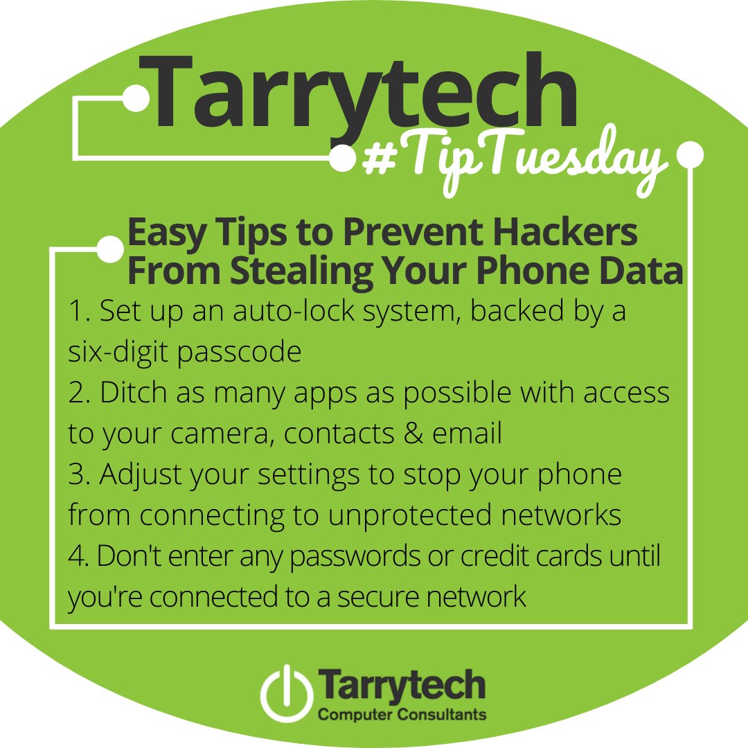 Tarrytech's tweet image. It&apos;s #TarrytechTipTuesday! Use these 4 easy tips to prevent hackers from stealing your phone data.