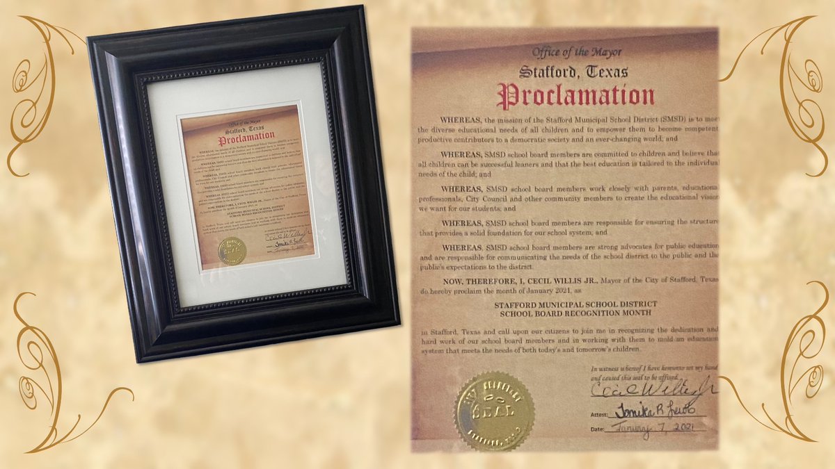 StaffordMSD's tweet image. At last night&apos;s board meeting, our newly elected Mayor Willis made his very first proclamation to establish January as School Board Recognition Month in the City of Stafford. This brings the TASB celebration closer to home and recognizes all of the hard work by our #SMSDBoard!