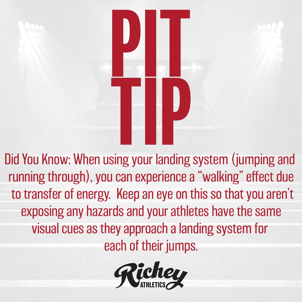 RicheyAthletics's tweet photo. Did You Know: When using your landing system (jumping and running through), you can experience a “walking” effect due to the transfer of energy. Keep an eye on this so that you aren’t exposing any hazards. #pittip #maketheteam https://t.co/j8EZUNuUJY