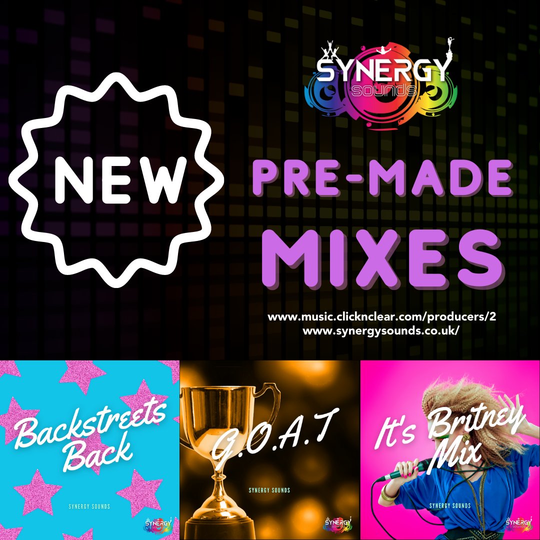 SynergySoundsUK's tweet photo. NEW Pre-Made Mixes now available featuring popular songs from Britney Spears, Backstreet Boys and Doja Cat.
Listen, license and download instantly here: 
https://t.co/lrTKM8Imql

#newmixes #premades #licensed #cheermusic #affordable #instant #popularmusic https://t.co/91MYw2h4MP