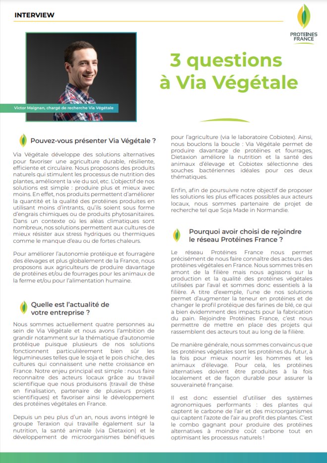 Rencontre avec Victor Maignan de <a href="/ViaVegetale/">Via Vegetale</a>, qui développe des solutions innovantes pour accroître l’autonomie protéique de la France.
#protéinesvégétales #agriculture #fertilisation
#proteins #Research #innovations
