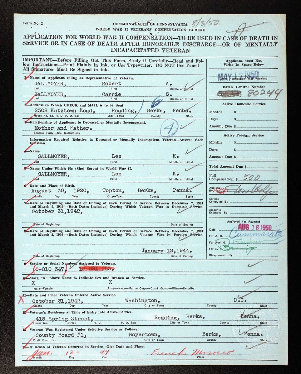 WW2Researcher's tweet photo. 2nd Lieutenant Lee K. Gallmoyer, of Topton, Pennsylvania, and the Air Corps, was killed in a crash in Morocco on January 12, 1944, 77 years ago today. @PHMC @historicalpa @WW2Researcher #topton https://t.co/eRoxlC9jx6