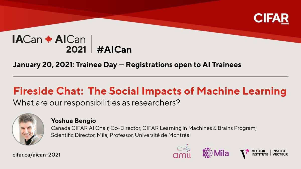 CIFAR (@cifar_news) on Twitter photo Attn trainees: Have you registered for #AICan Jan 19-20? Don't miss out on joining this special fireside chat with Yoshua Bengio. Register now - it's free!
#AI #MachineLearning #ComputerScience
<a href="/AmiiThinks/">Amii</a> <a href="/Mila_Quebec/">Mila - Institut québécois d'IA</a> <a href="/VectorInst/">Vector Institute</a>
cifar.ca/events/aican-2… Attn trainees: Have you registered for #AICan Jan 19-20? Don't miss out on joining this special fireside chat with Yoshua Bengio. Register now - it's free!
#AI #MachineLearning #ComputerScience
<a href="/AmiiThinks/">Amii</a> <a href="/Mila_Quebec/">Mila - Institut québécois d'IA</a> <a href="/VectorInst/">Vector Institute</a>
cifar.ca/events/aican-2…