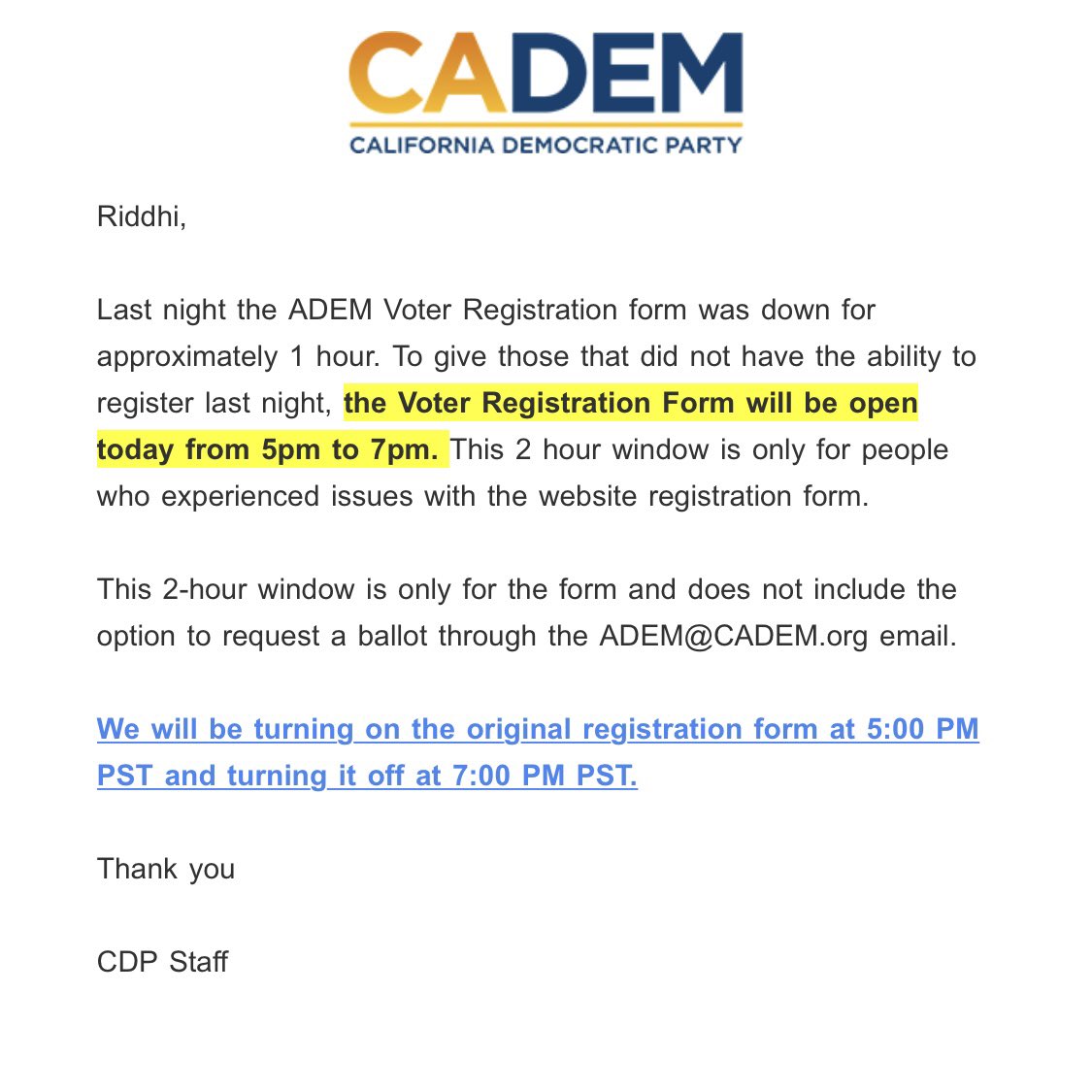 SunriseKern's tweet photo. 🚨IF YOU LIVE IN CA🚨

GOOD NEWS, if you did not get a chance to register for the ADEM elections yesterday, you have a chance today, but only from 5-7 PM! https://t.co/hJvR3Smrmo