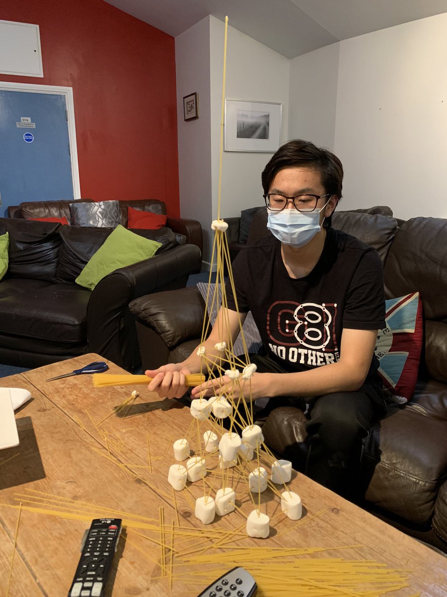 OrchardHS_CCB's tweet photo. #ChallengeTuesdays (Just made that up!) How tall can you build your free standing structure with half a packet of spaghetti, 20 marshmallows (Tom ate half before starting...) and a pair of scissors ✂️. 80cms the winner tonight #tallerthanGeorge https://t.co/r4N6gFwsHG